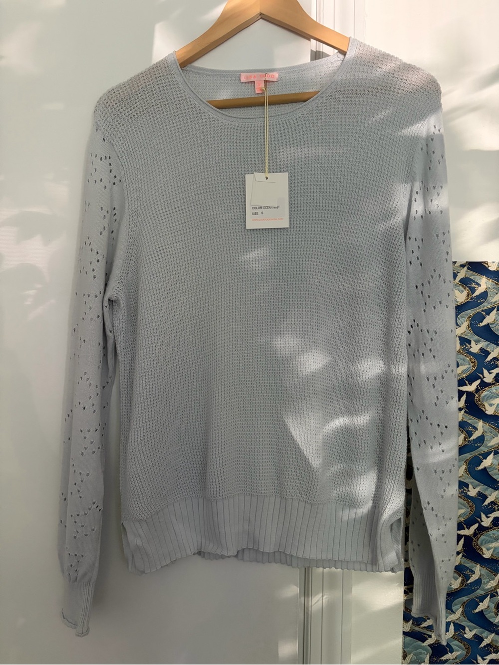 Lisa Todd Light Blue Crewneck Pointelle Sleeve Sweater